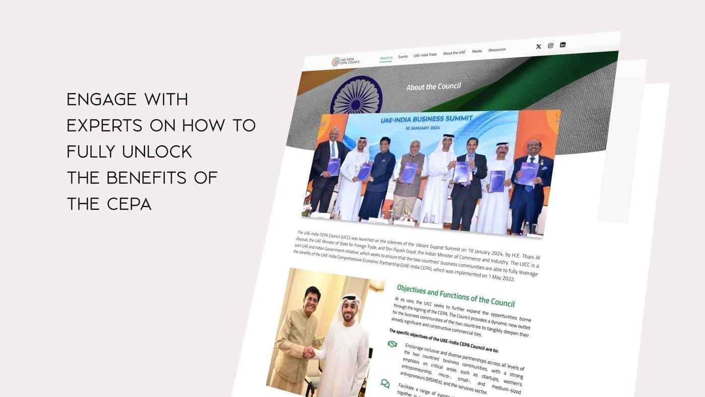 A frame from the video: the line “Engage with experts on how to fully unlock the benefits of the CEPA” beside a tilted view of the Council website’s About page, with a group photo from a business summit.