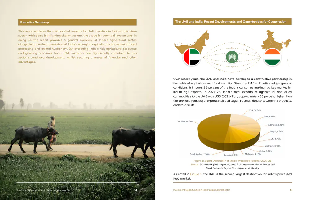 Investment Opportunities in India’s Agriculture Sector, pages 4–5: an executive summary over a farmland photo, beside a map with the UAE and India flags and a gold pie chart.