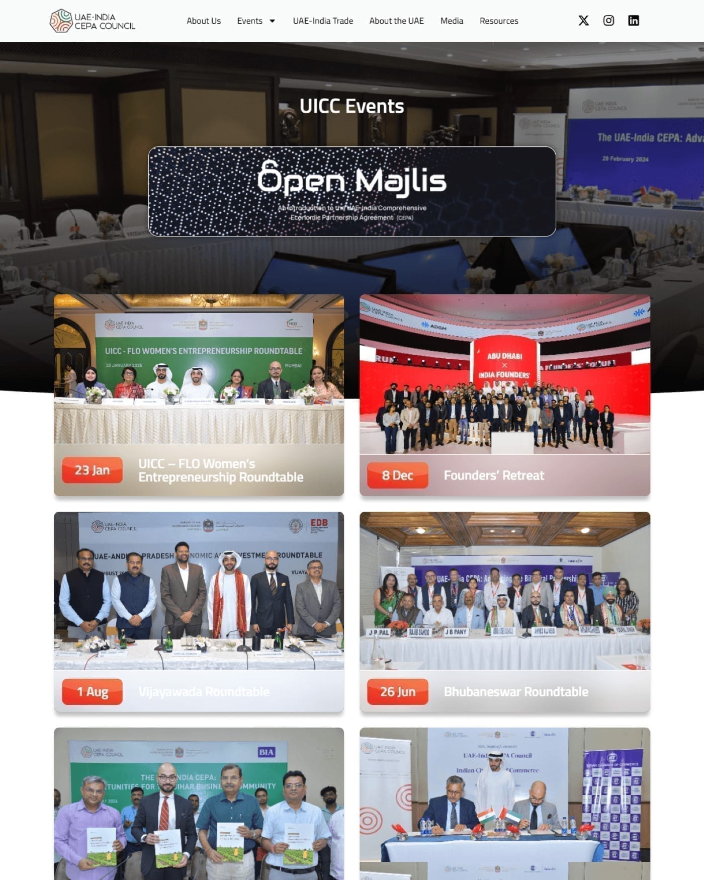 Full-page view of the events listing: an Open Majlis banner above a grid of event cards, each with a photo and a date tag.