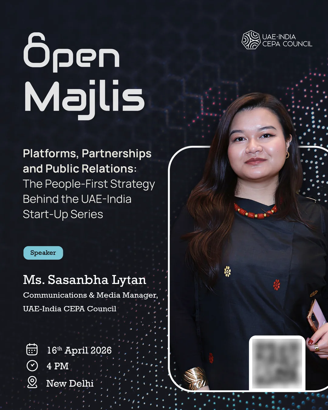 Poster in the same layout: the Open Majlis wordmark, the session title, a speaker label, name and title, the date, time and New Delhi, and a portrait in a rounded frame.