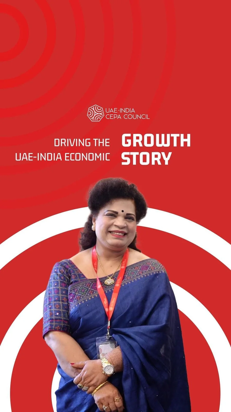 Reel cover: a speaker wearing a lanyard stands cut out against red and white concentric arcs, under the Council logo and the headline “Driving the UAE–India economic growth story”.