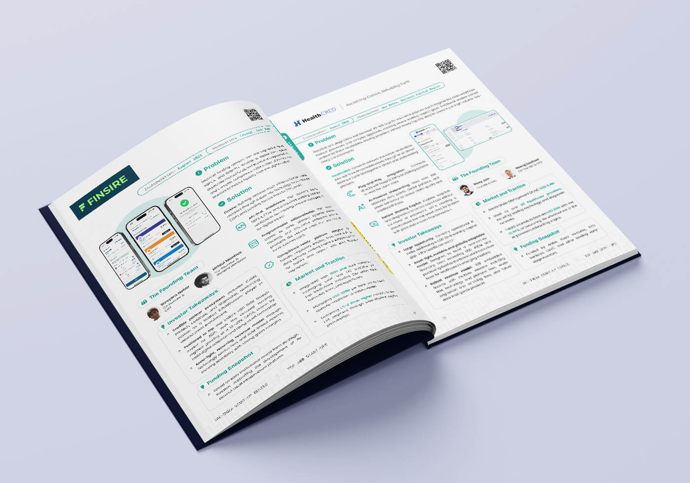 The dossier open at the Finsire profile, with phone screenshots, founding team, market and traction, and investor takeaways.