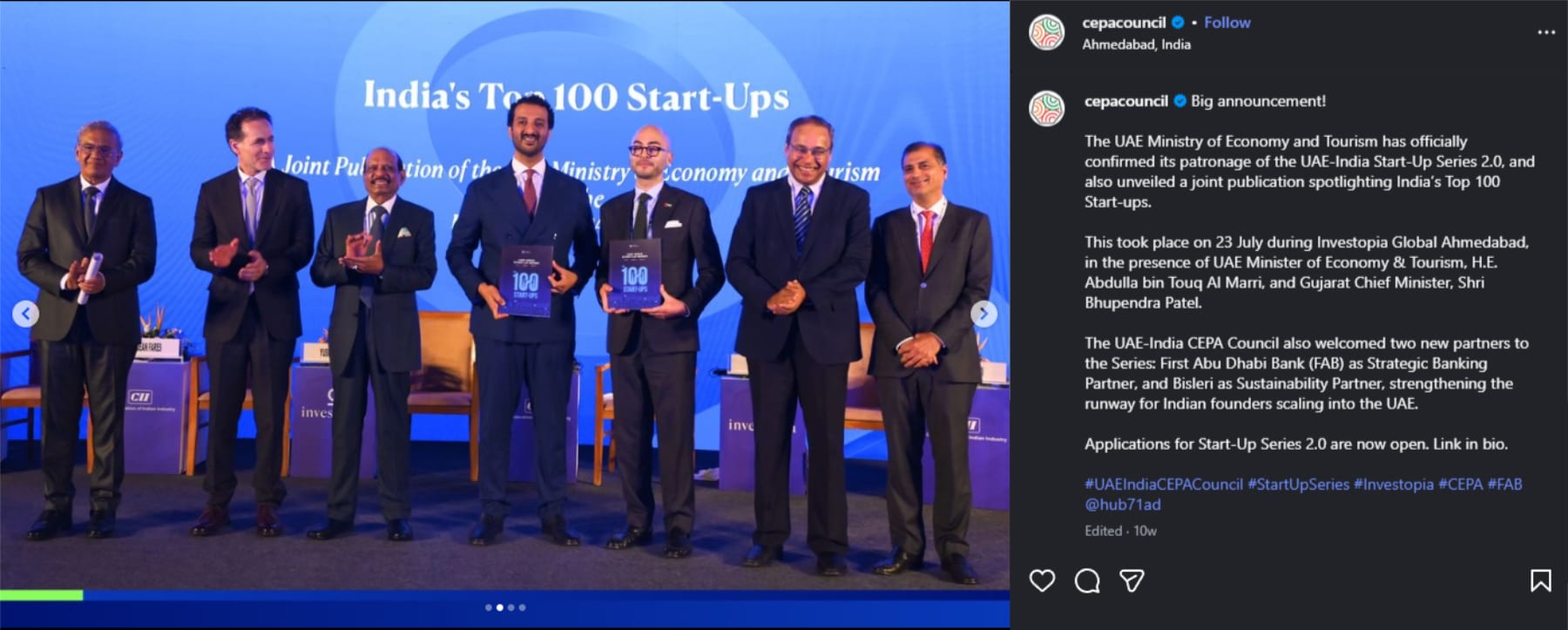 Screenshot of the UAE–India CEPA Council’s Instagram post: a photo of officials on stage holding up copies of the dossier, beside the post’s text about the Start-Up Series 2.0 and the event at Investopia Global Ahmedabad on 23 July.