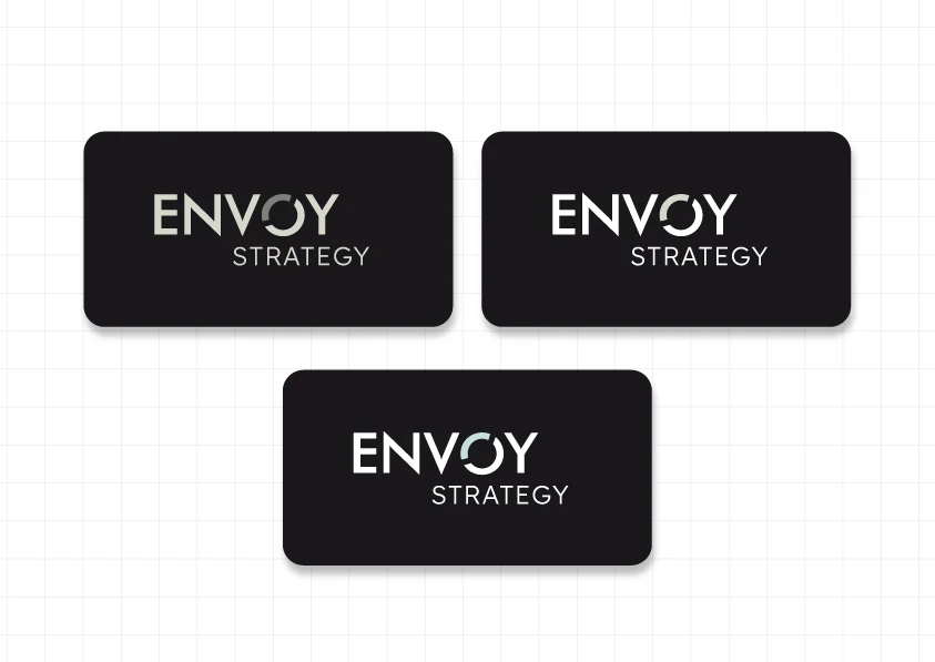 Three charcoal cards, each with the wordmark in off-white and the arc of the O in a different grey.