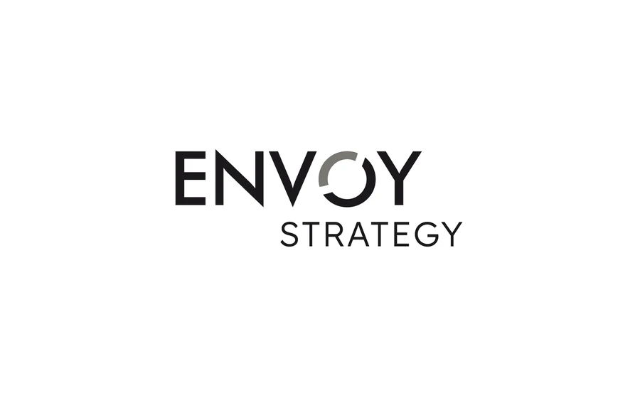 The final logo on white: ENVOY in capitals, its O an open ring with a grey arc, and STRATEGY beneath.