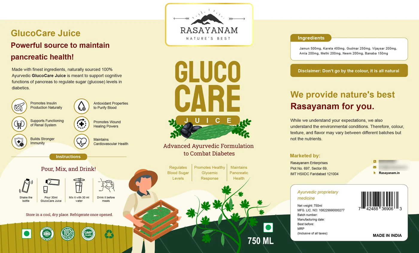 The GlucoCare label laid flat on cream: a description, an icon grid and a four-step instruction strip on the left; the brand badge, product logo and farmer illustration in the centre; the ingredients, disclaimer and barcode panels on the right.