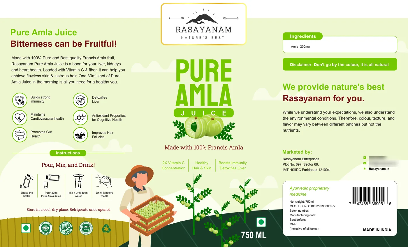 The Pure Amla label laid flat on pale green, in the same layout: description, icons and instructions on the left, the logo and farmer in the centre, ingredients and barcode on the right.