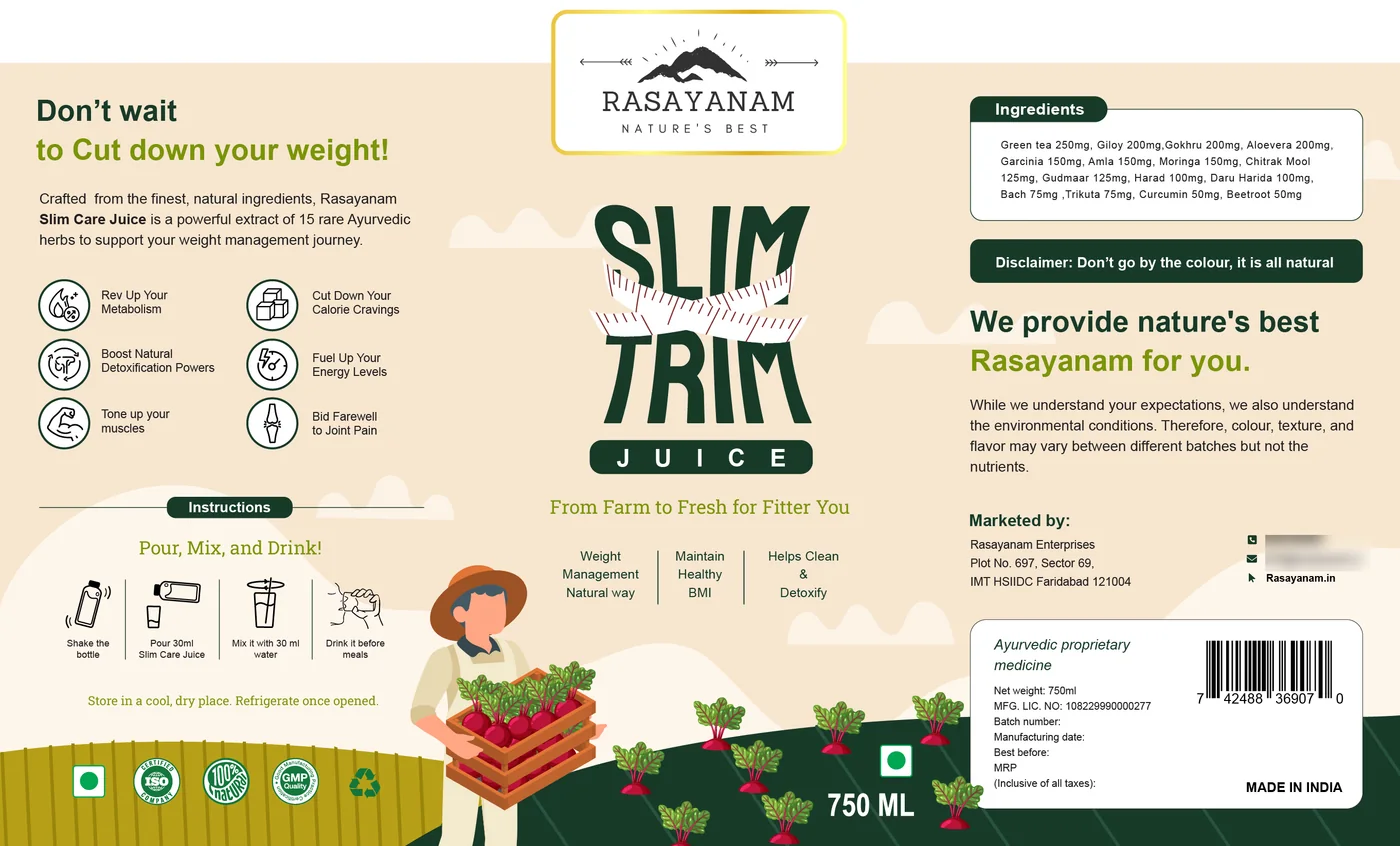 The Slim Trim label laid flat on peach, in the same layout, with the farmer carrying a crate of beetroot.
