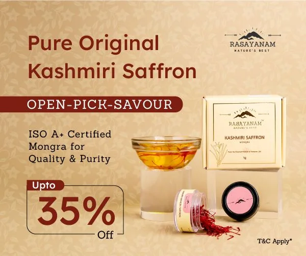 The Kashmiri saffron banner re-set for a near-square frame: the headline top left, the box, jars and bowl at the right, the offer below.