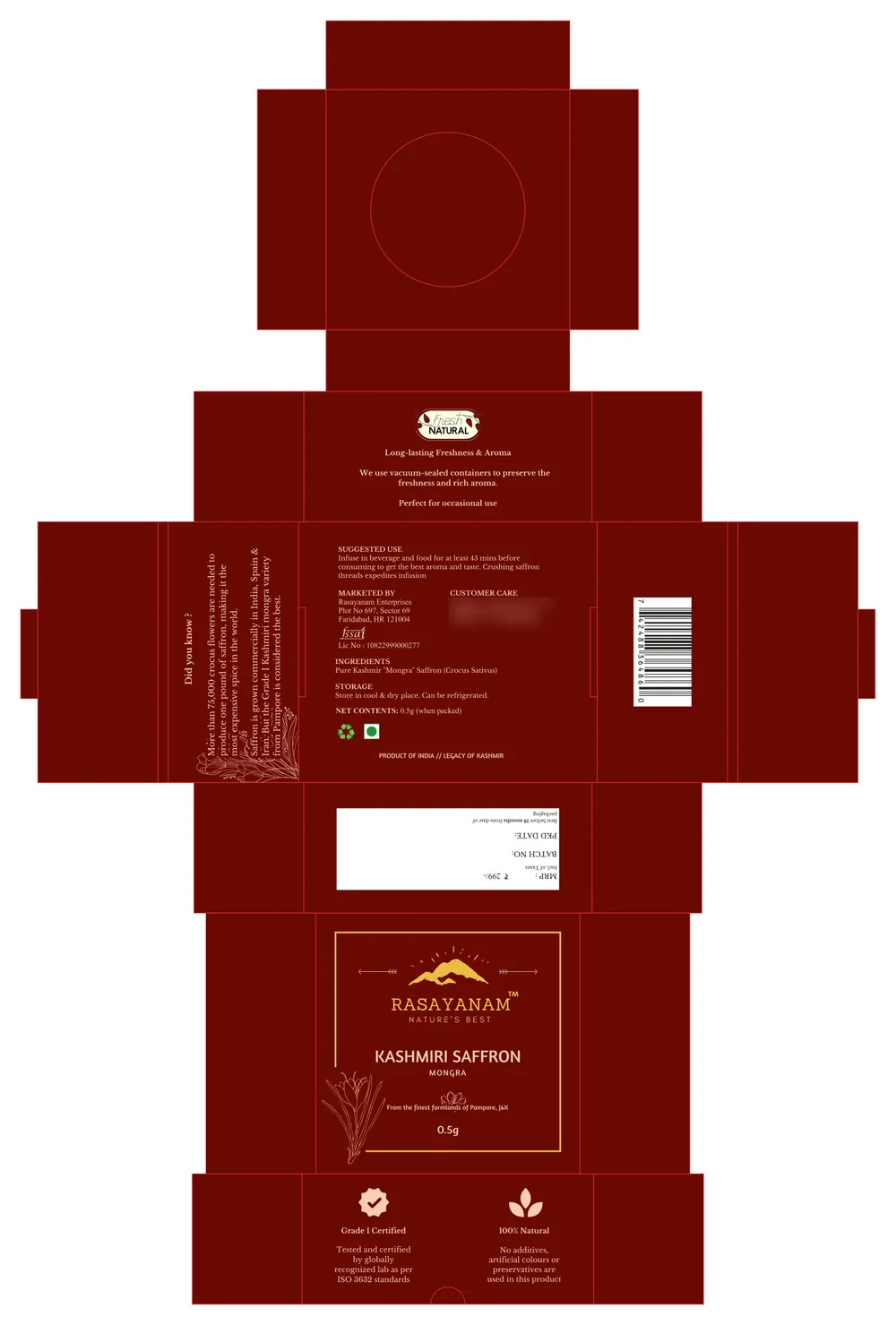 Flat artwork of the Kashmiri saffron 0.5g box in deep red: the gold-framed front, a “Did you know?” side panel, suggested use and ingredients, and “Grade I Certified” and “100% Natural” panels.