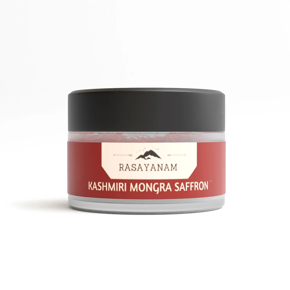 3D render of the saffron jar: a black lid and a red label with the Rasayanam logo and “Kashmiri Mongra Saffron”.