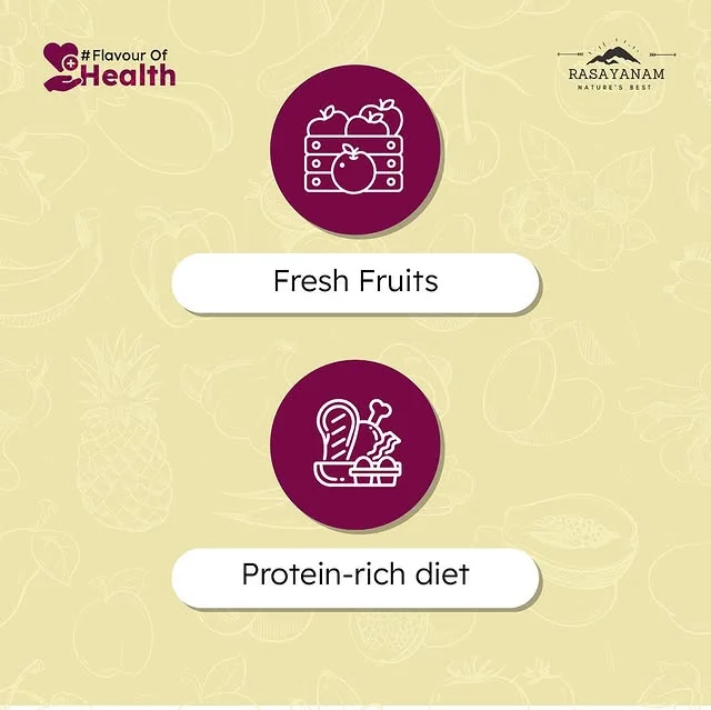 Two purple circular icons with labels: fresh fruits and a protein-rich diet.