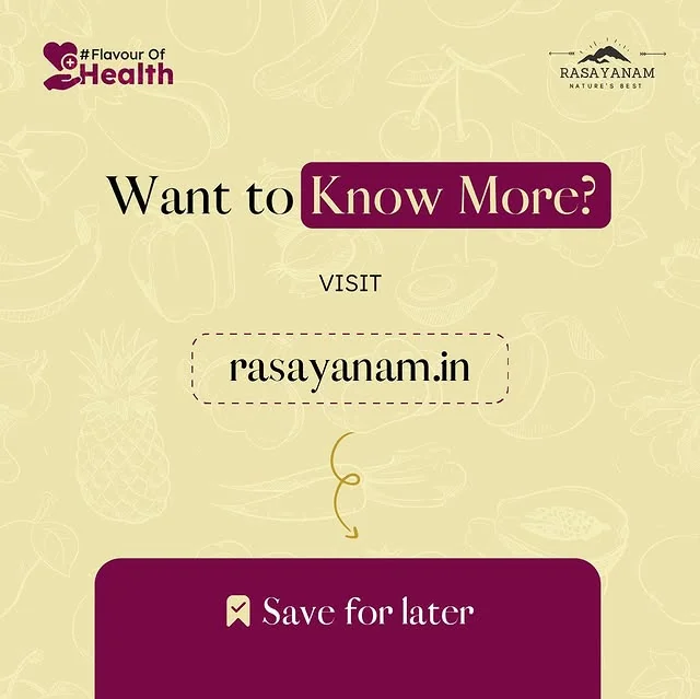 Closing slide: “Want to know more? Visit rasayanam.in” with a purple “Save for later” tab.