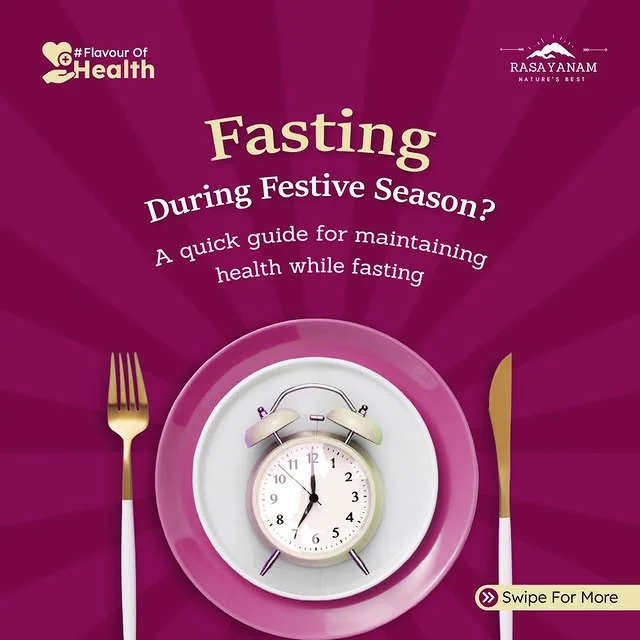 Purple slide with radiating stripes: the headline “Fasting During Festive Season?” above a plate holding an alarm clock, between a fork and a knife.