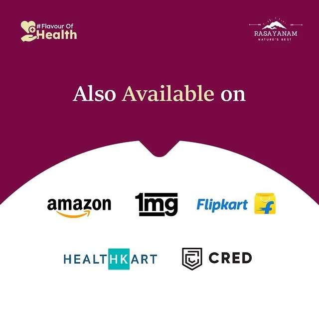 Closing slide: “Also available on”, with the Amazon, 1mg, Flipkart, HealthKart and CRED logos on a white arc.