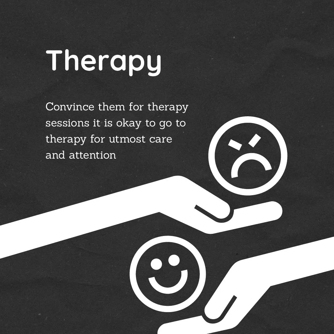 “Therapy”: a line about encouraging therapy, with two drawn hands passing a sad face and a smiling face.