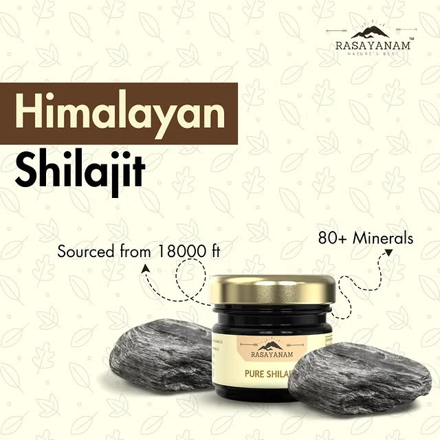 “Himalayan Shilajit” in bold type over a jar of Pure Shilajit between two dark rocks, on a cream background with a leaf pattern.