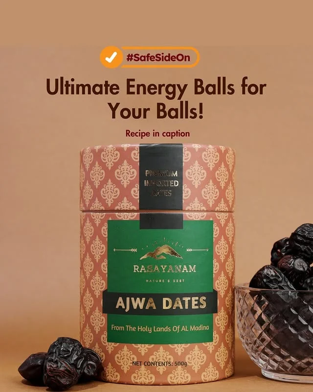 A Rasayanam Ajwa Dates tin with loose dates, under a recipe headline and the #SafeSideOn badge.