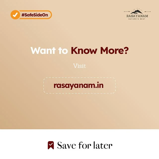 Closing slide: “Want to know more? Visit rasayanam.in” with a “Save for later” tab.