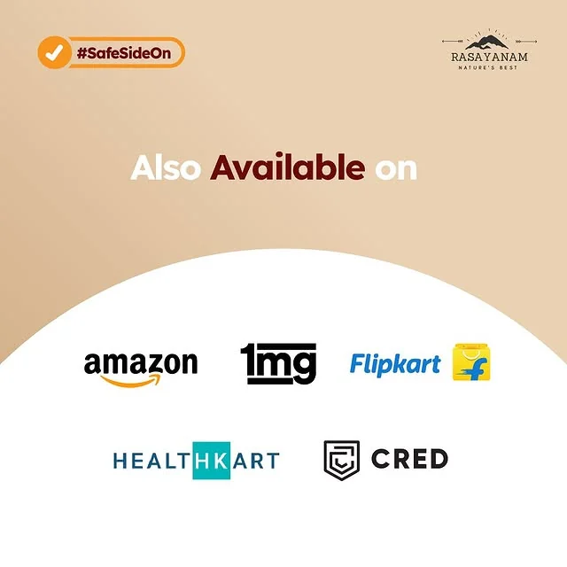 Closing slide: “Also available on”, with the Amazon, 1mg, Flipkart, HealthKart and CRED logos.
