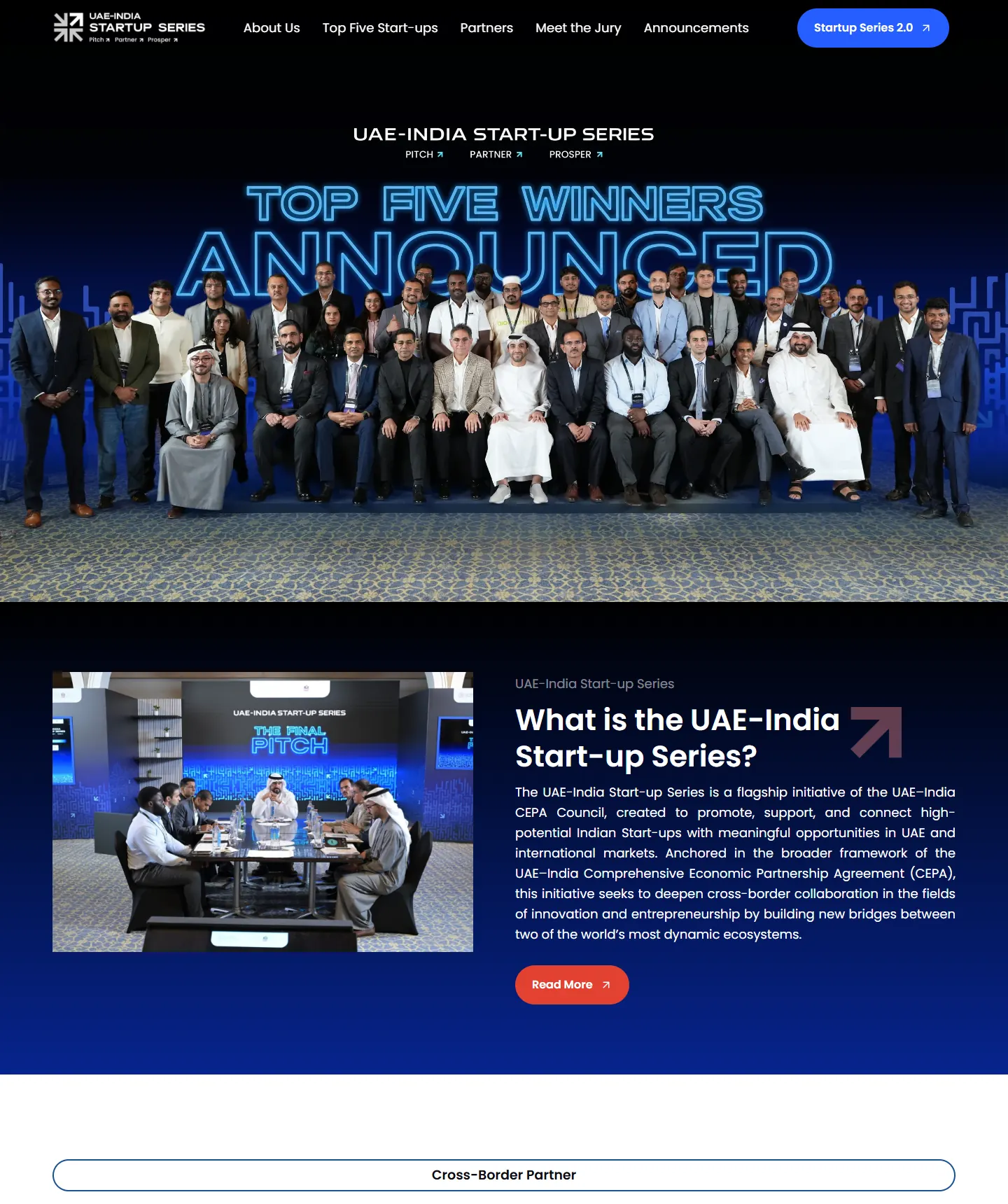 The Start-up Series 1.0 page on desktop: a banner photo announcing the first edition’s top five winners, then an introduction to the Series beside a photo of the final pitch.